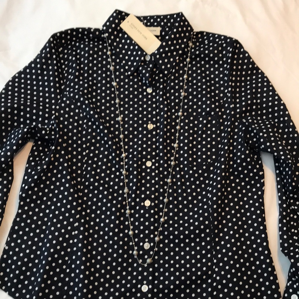 NWT Jones New York navy polkadot blouse Sz L